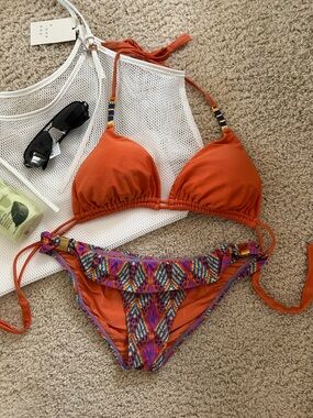 Vix Rust Orange d cup Triangle Bikini Set with Multicolor Print Bottom L